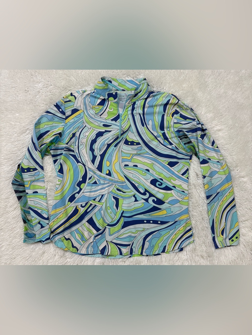 Ictkuls women Blue & Green Abstract Quarter-Zip Polo